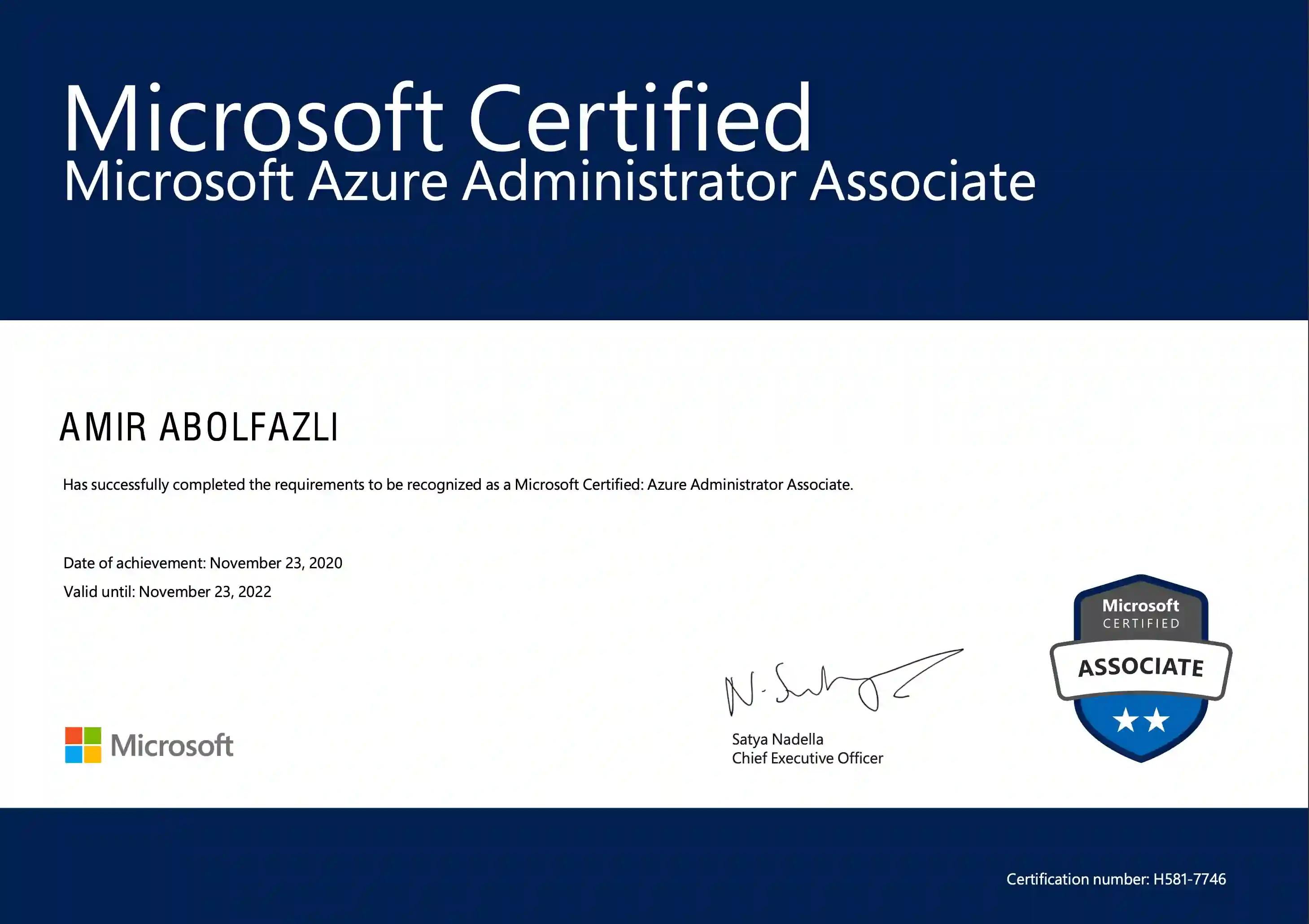 Microsoft Certified Azure Administrator Associate badge
